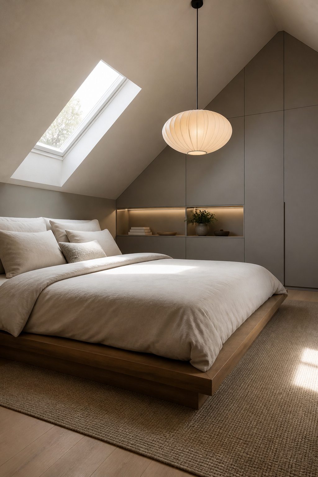 Minimal attic bedroom with plaster walls and built-in storage.