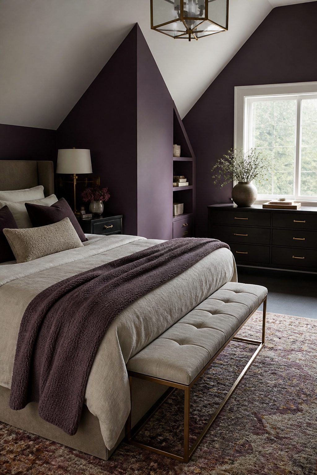 Attic bedroom with saturated purple walls and white trim.