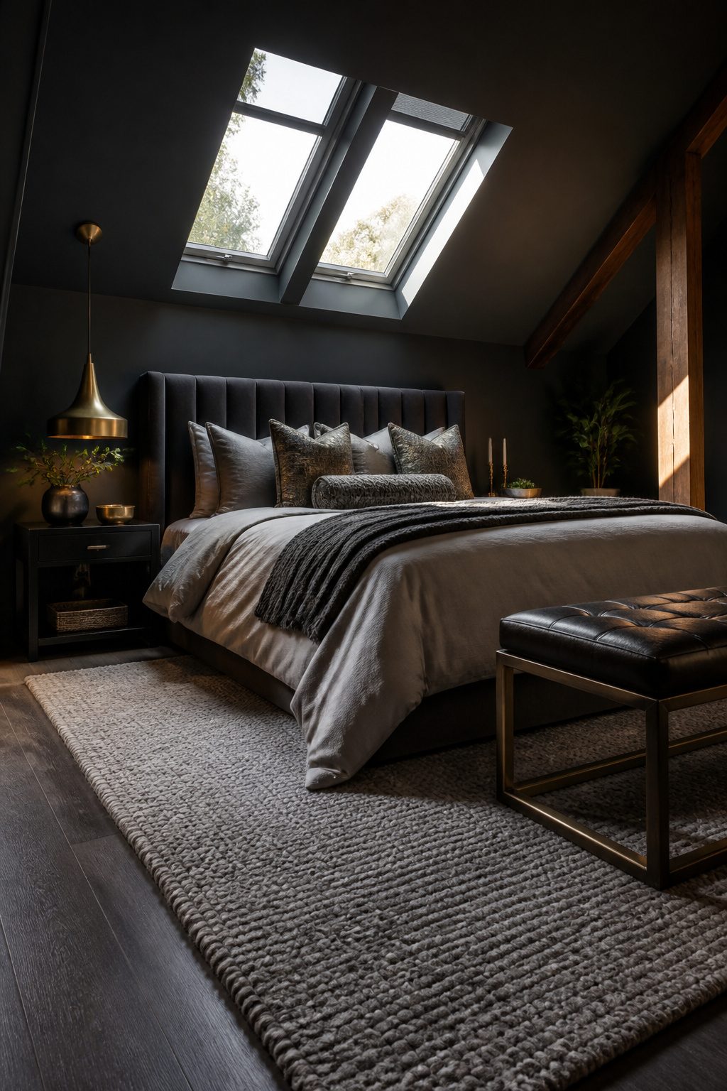 Attic bedroom with skylights and dark walls.