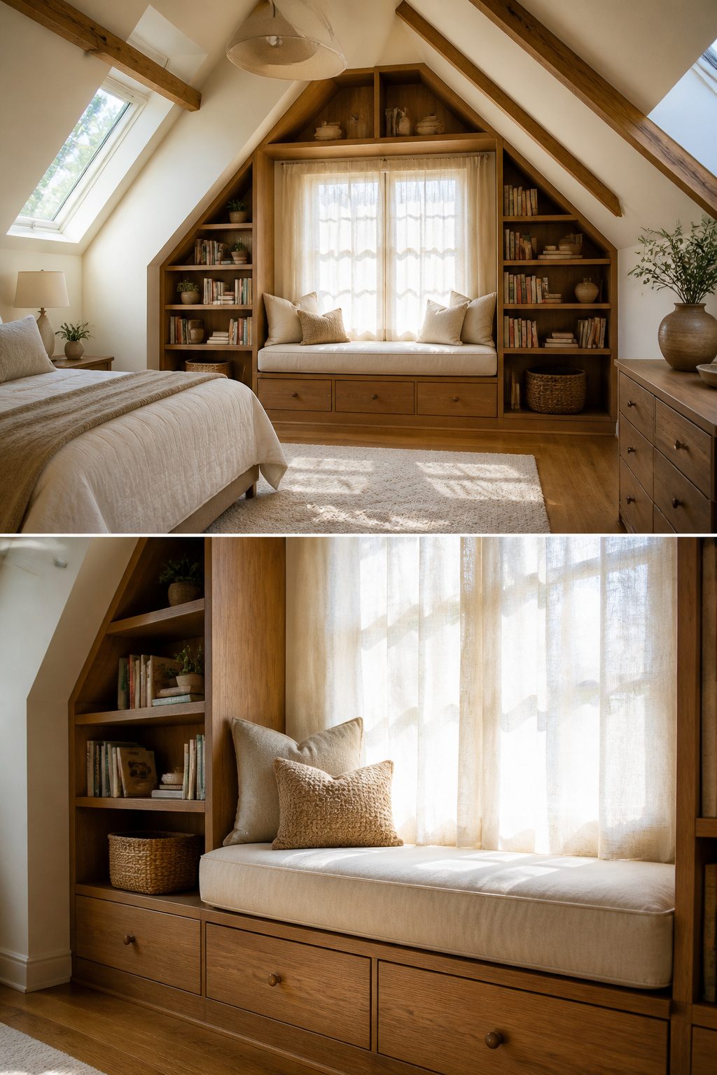 Dormer window nook with bookshelves and a mattress.