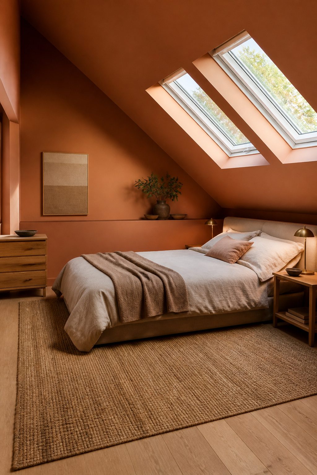 Attic bedroom with terracotta walls and a jute rug.