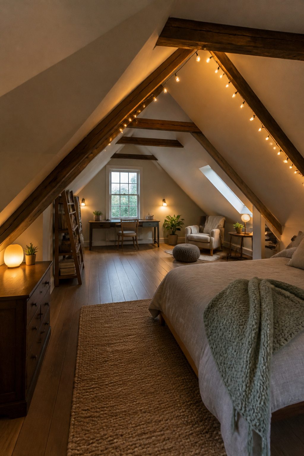 Loft studio with string lights along the ceiling.