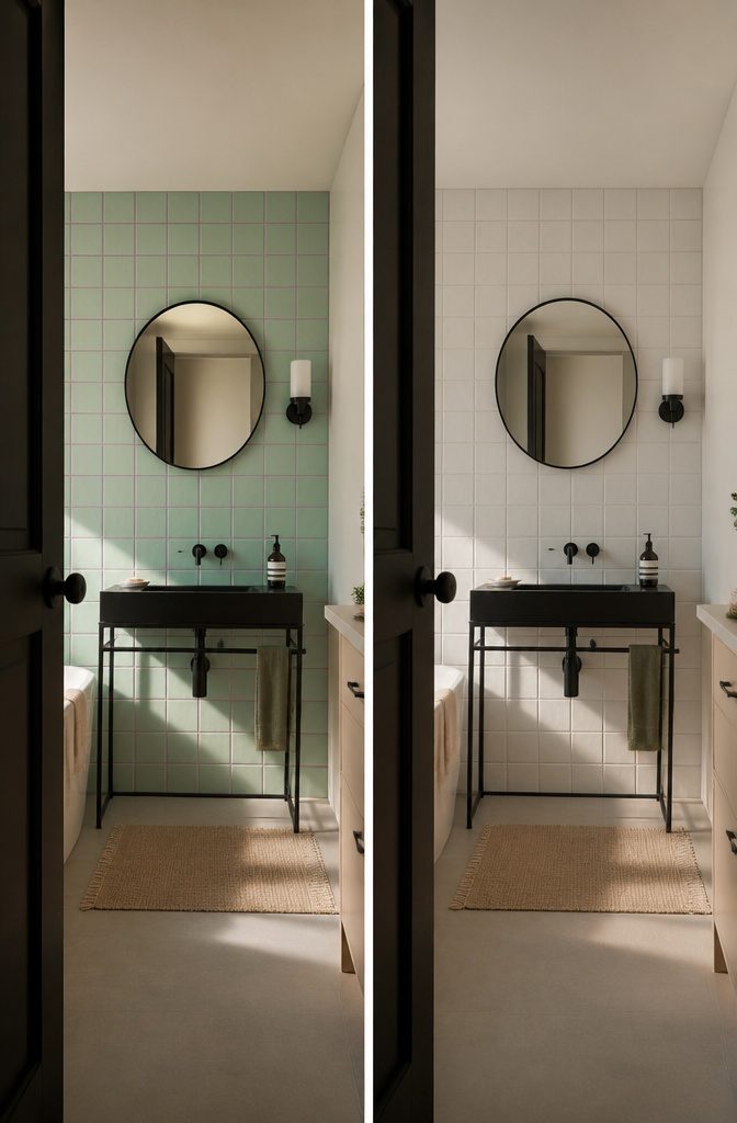 Mint green tiled bathroom wall with lilac grout and black console sink