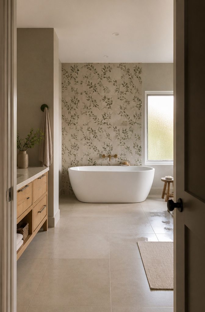 Freestanding tub set against a patterned bathroom wall