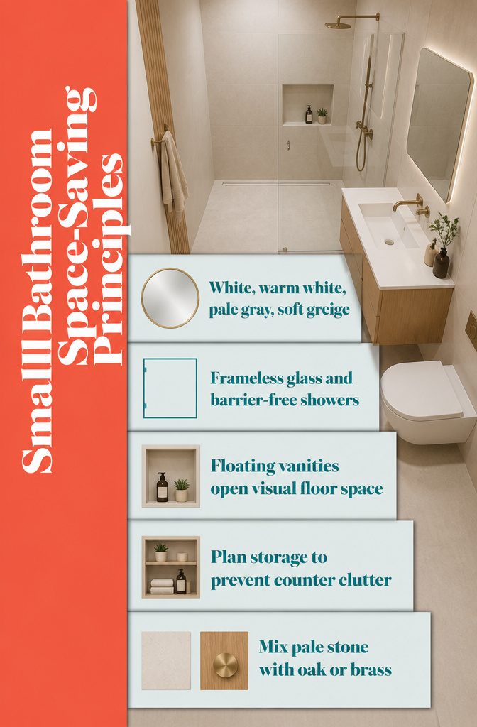Small bathroom information graphic titled Small Bathroom Space-Saving Principles