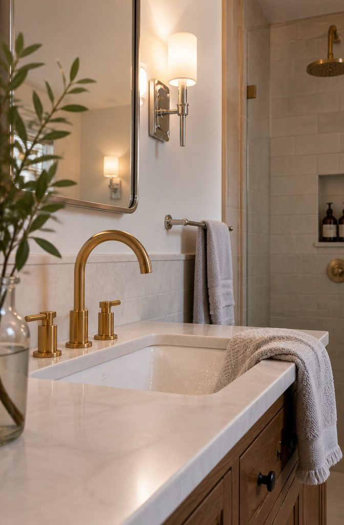 Warm brass faucet with polished chrome sconces and brushed nickel towel bar