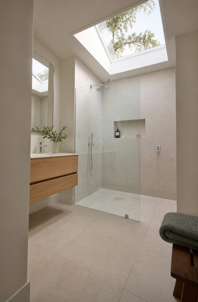 Frameless glass shower with clear sightlines across a bright bathroom