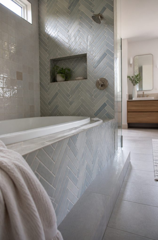 Herringbone tile from shower floor to tub surround beside handmade zellige wall