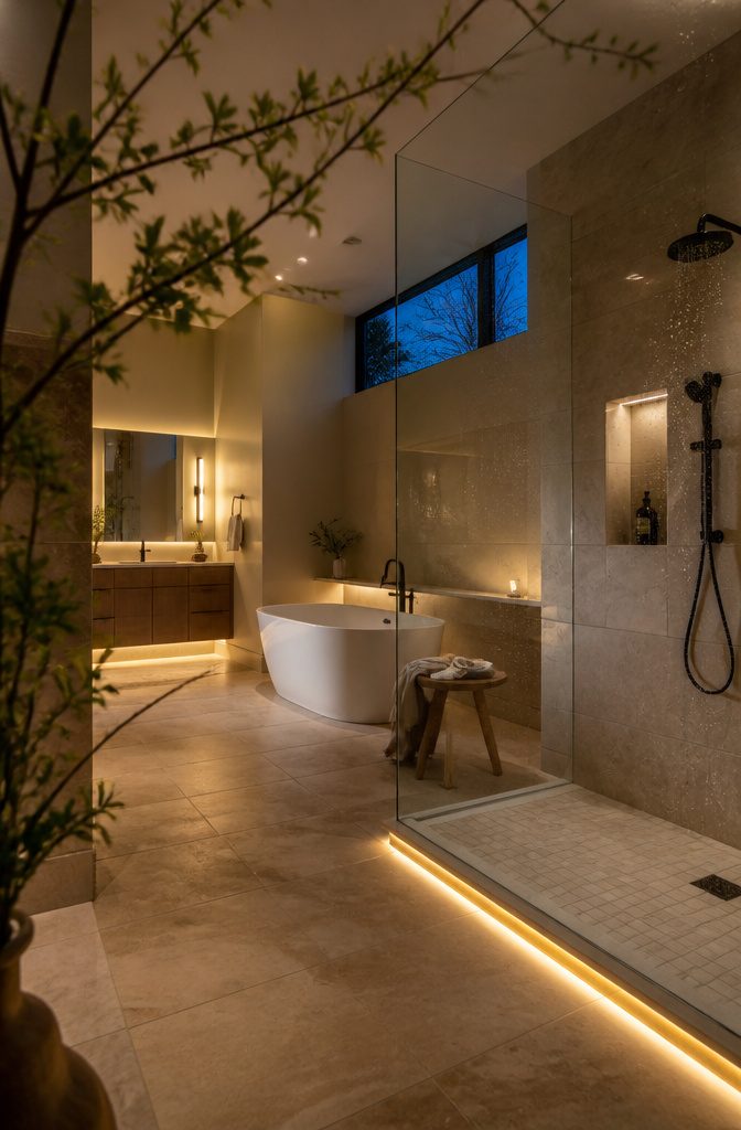 Soaking tub in a bathroom with overhead task and low-level lighting