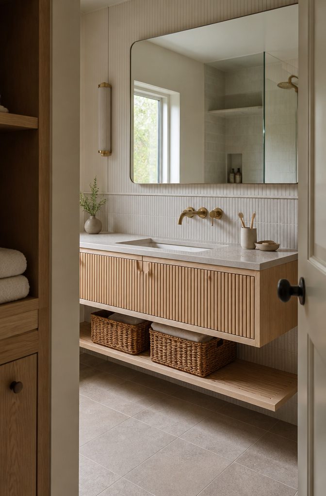 Floating vanity with fluted cabinet front and exposed floor tile