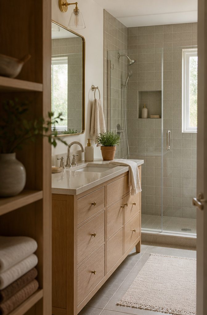 Bathroom with neutral tile beside warm wood