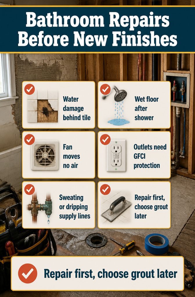 Bathroom repair information graphic titled Bathroom Repairs Before New Finishes