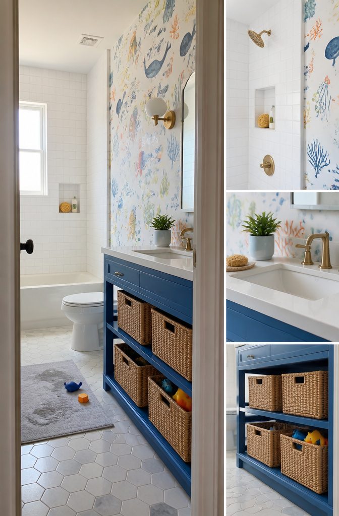 White vanity with cobalt open cabinet and ocean illustration wallpaper