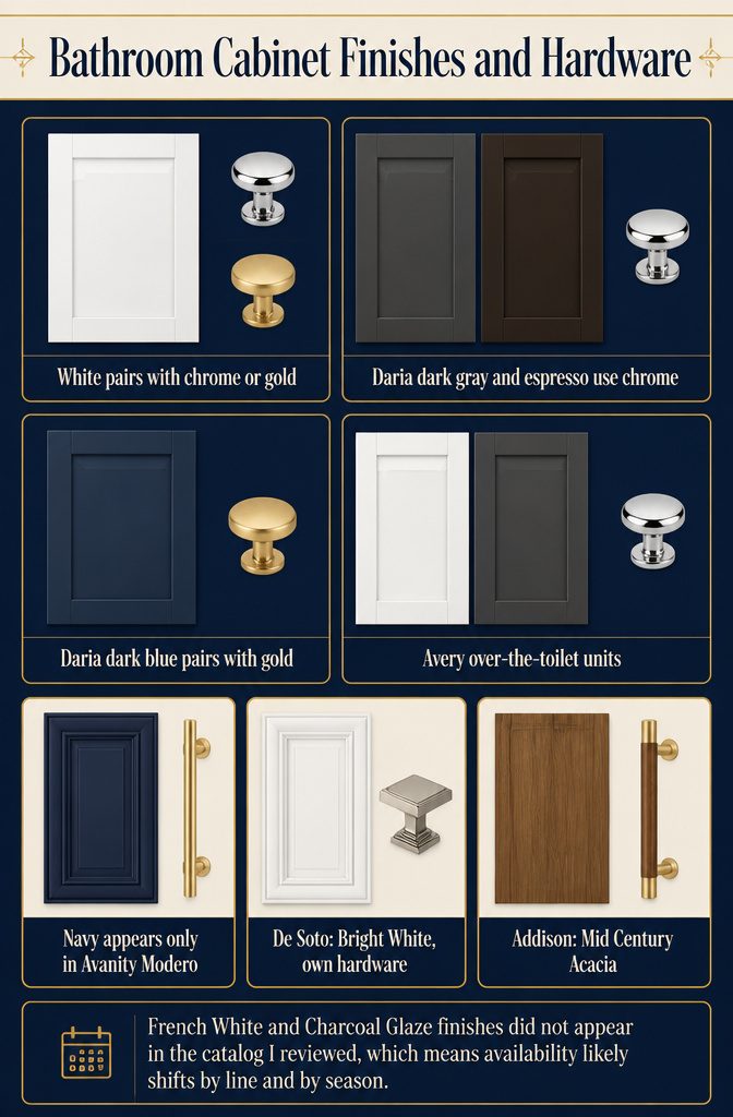 Bathroom cabinet finish chart listing colors and hardware options