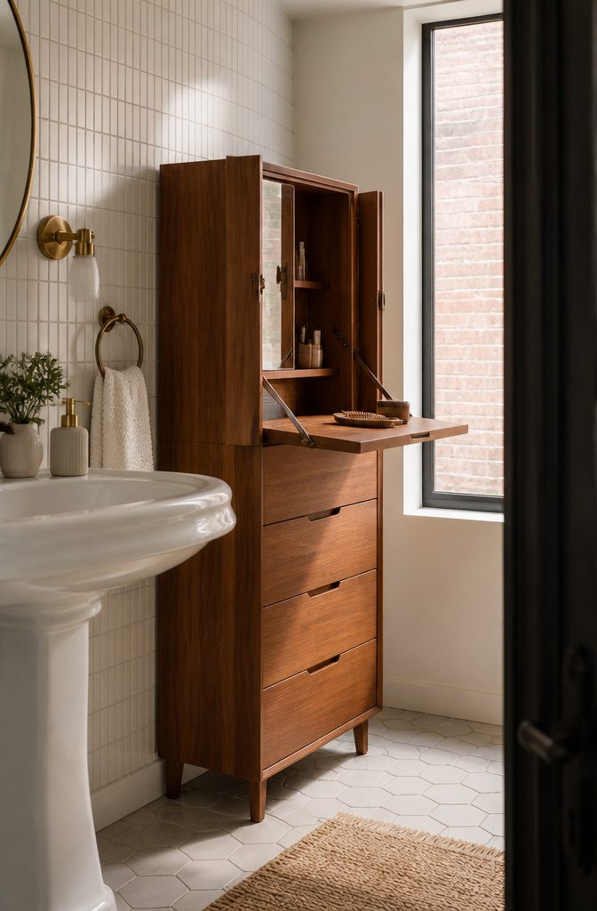 Addison makeup cabinet in Mid Century Acacia beside a pedestal sink