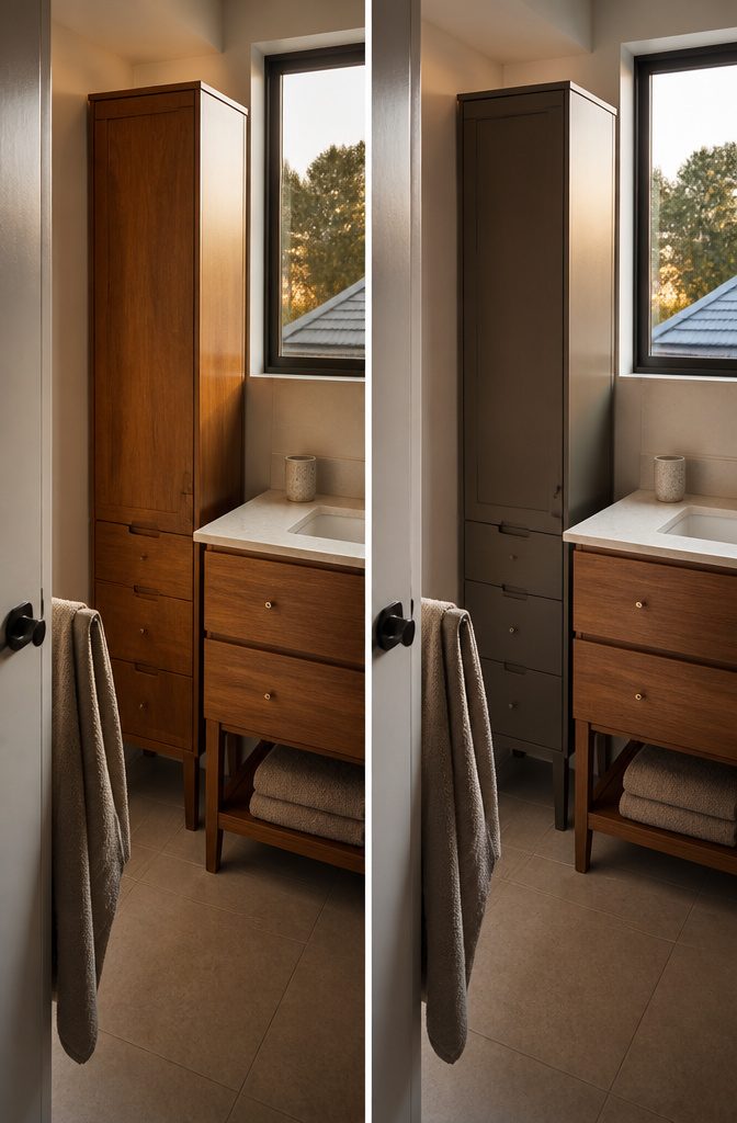 Addison tower hutch in Mid Century Acacia beside a bathroom vanity