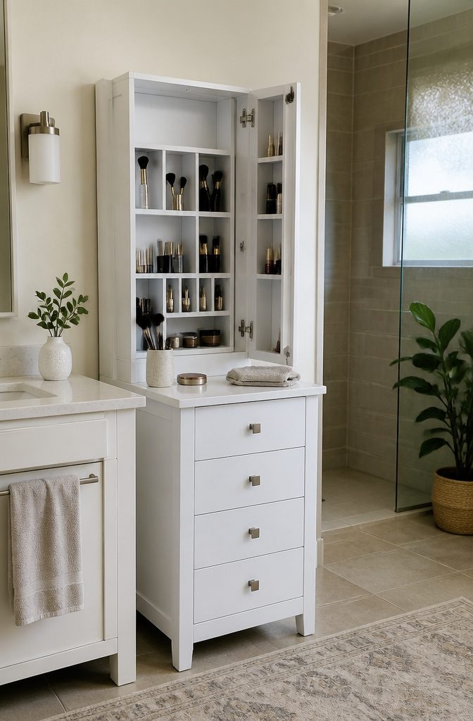 Bright White De Soto makeup cabinet with open storage compartments