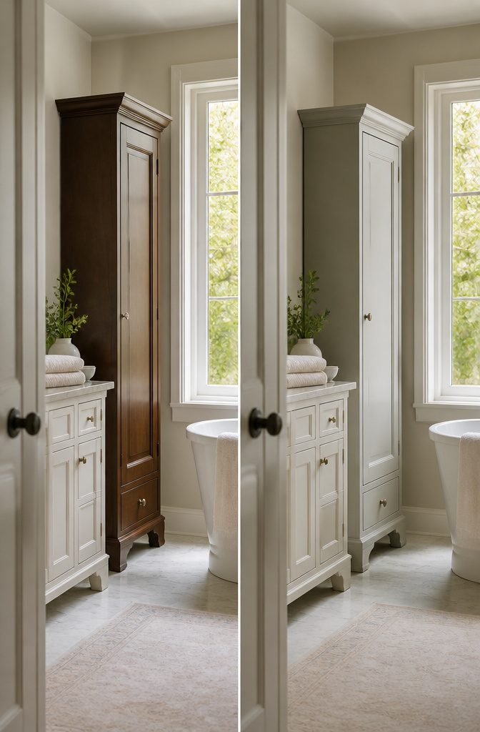 Traditional tall cabinet with raised panel doors and crown molding