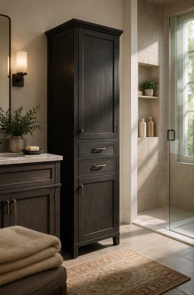 Transitional bathroom cabinet in a dark finish beside a vanity