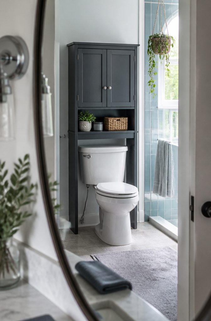 Avery over-toilet cabinet with Dark Blue doors and Brushed Gold pulls
