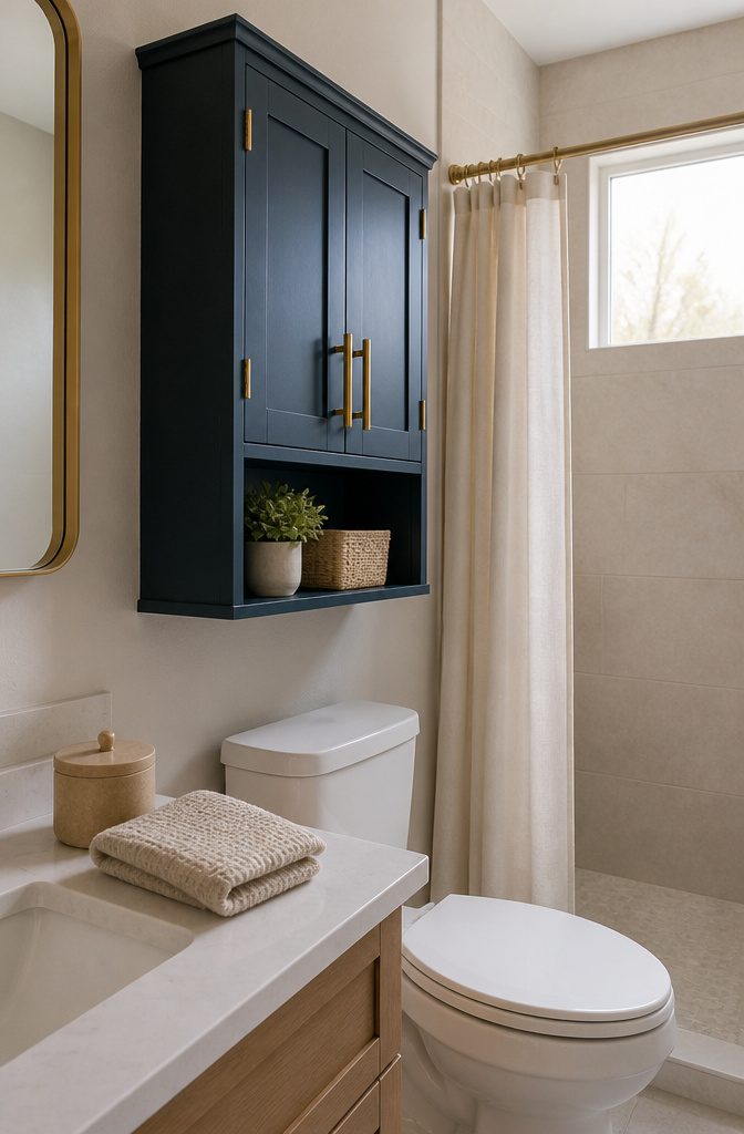 Dark Blue Daria cabinet mounted above a toilet with gold pulls