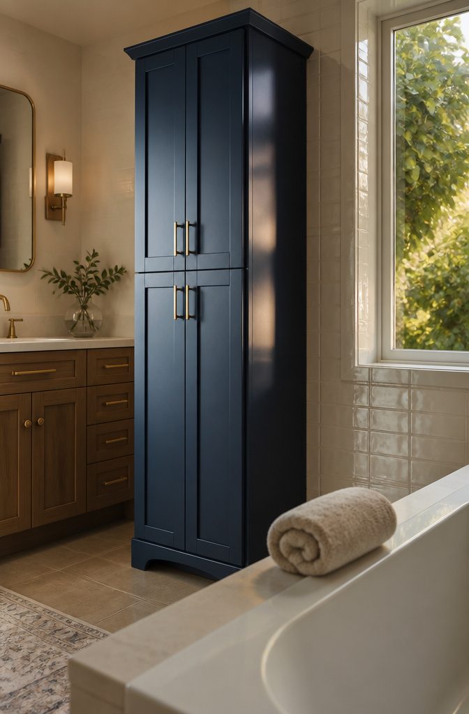 Dark Blue Daria cabinet with Brushed Gold hardware beside a bathroom vanity