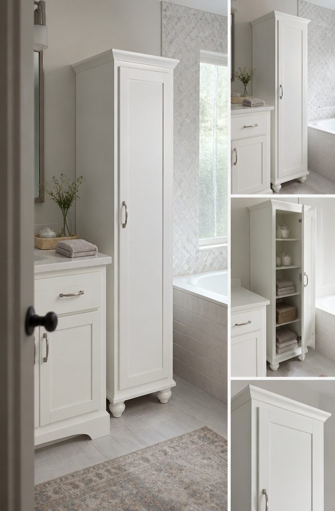 Tall Sheffield cabinet with paneled doors and cabinet hardware
