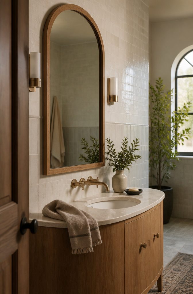 Arched bathroom mirror mounted above a vanity