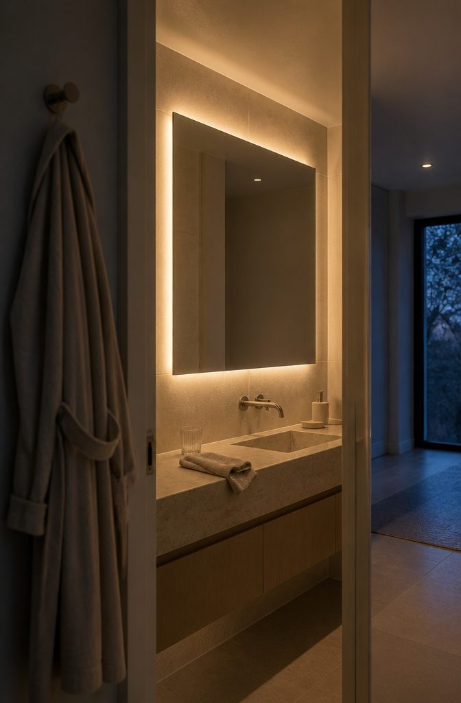 Backlit bathroom mirror with LED light glowing against the wall