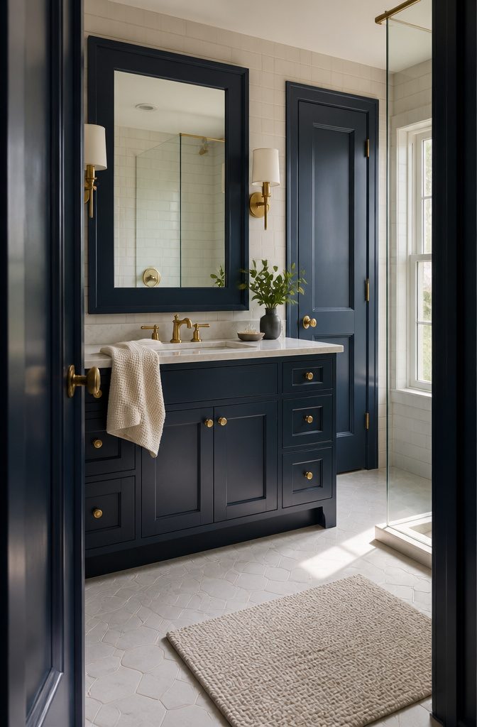 Navy-framed bathroom mirror matching a navy vanity and door beside brass sconces