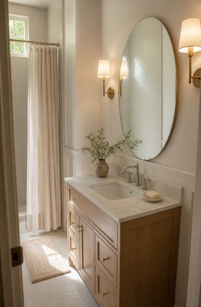 Frameless bathroom mirror with a polished edge mounted on a plain wall