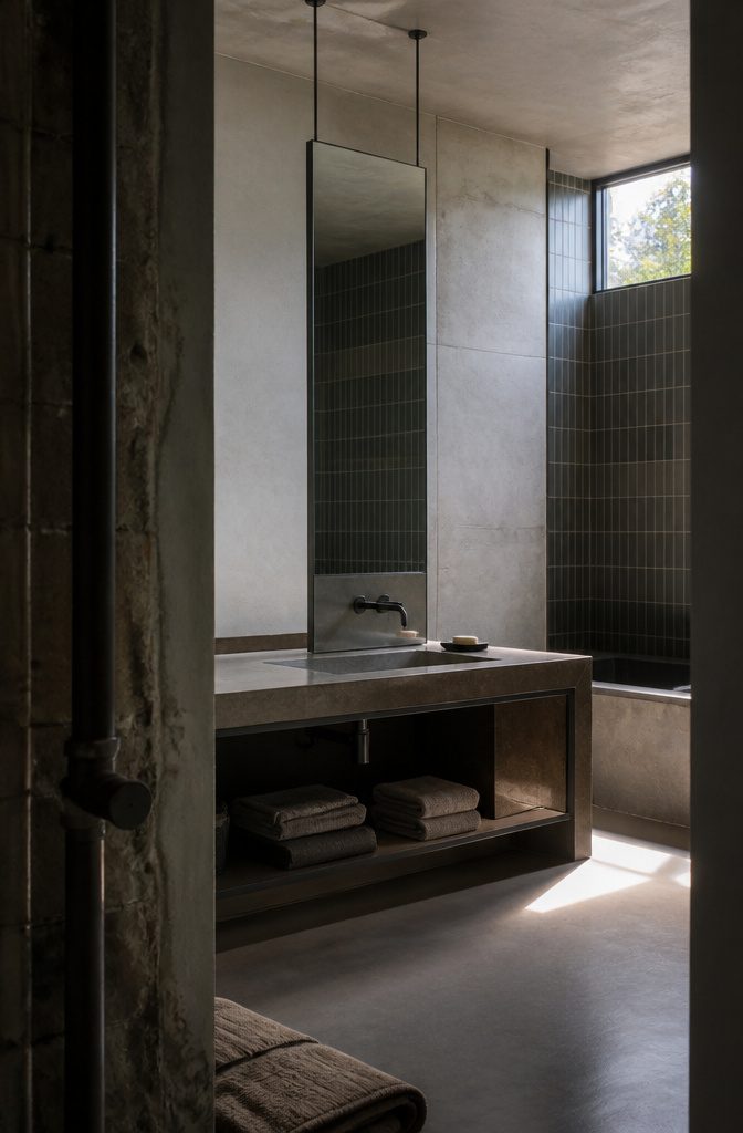 Tall rectangular mirror hanging from two metal cables above a vanity
