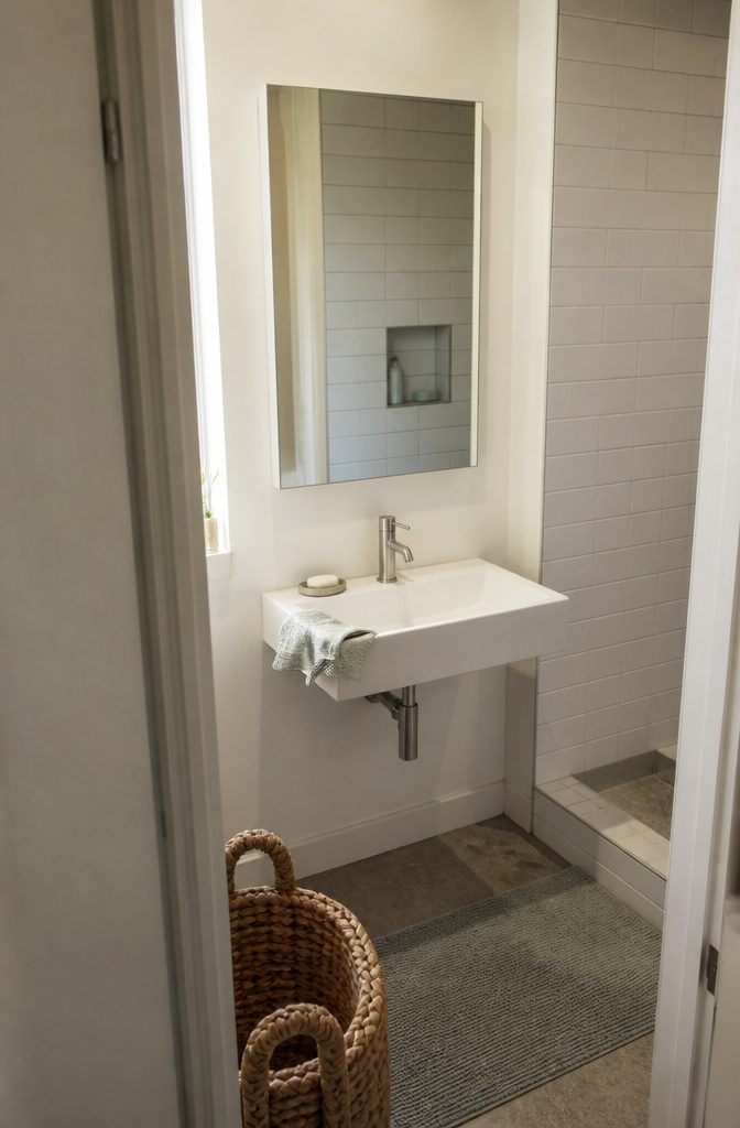 Frameless mirrored cabinet recessed above a small sink beside tiled shower