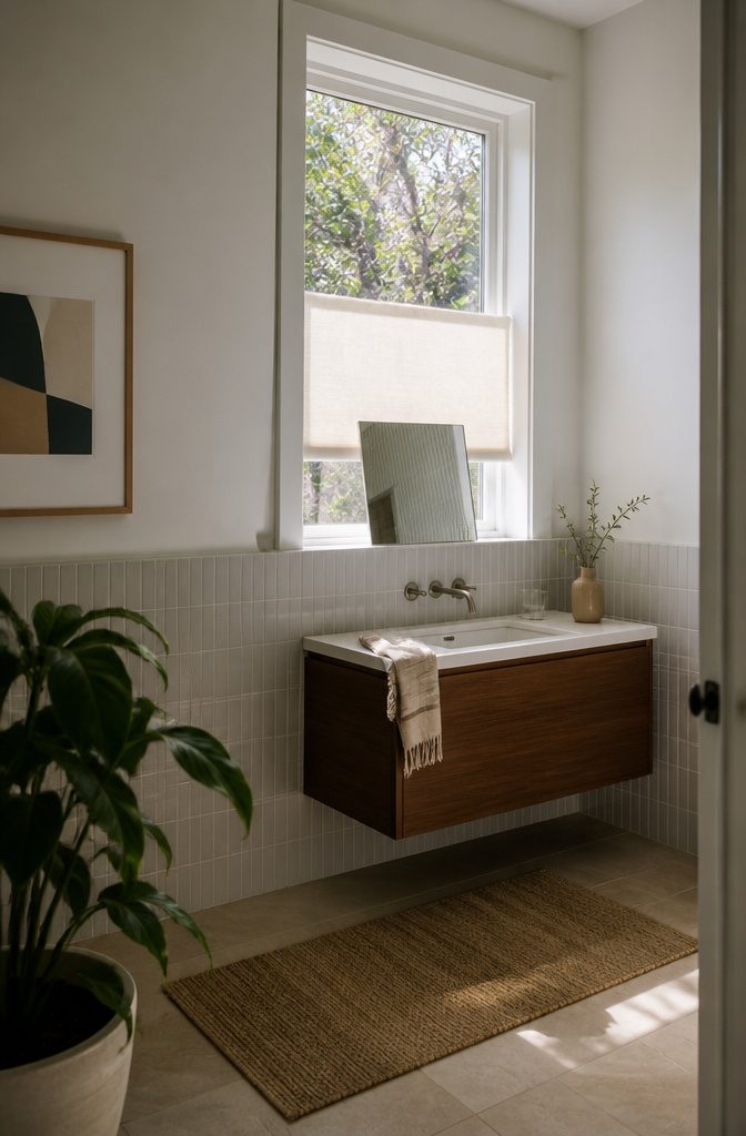 Mirror angled on a bathroom window sill beneath a partly lowered roller shade