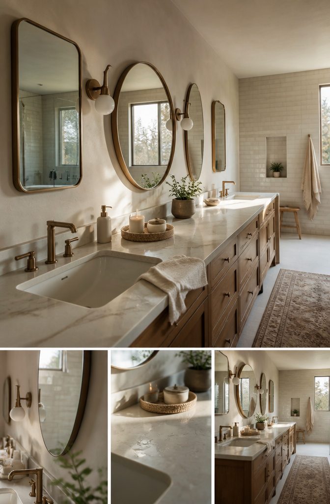 Three bathroom mirrors in round oval and rectangular shapes above a vanity