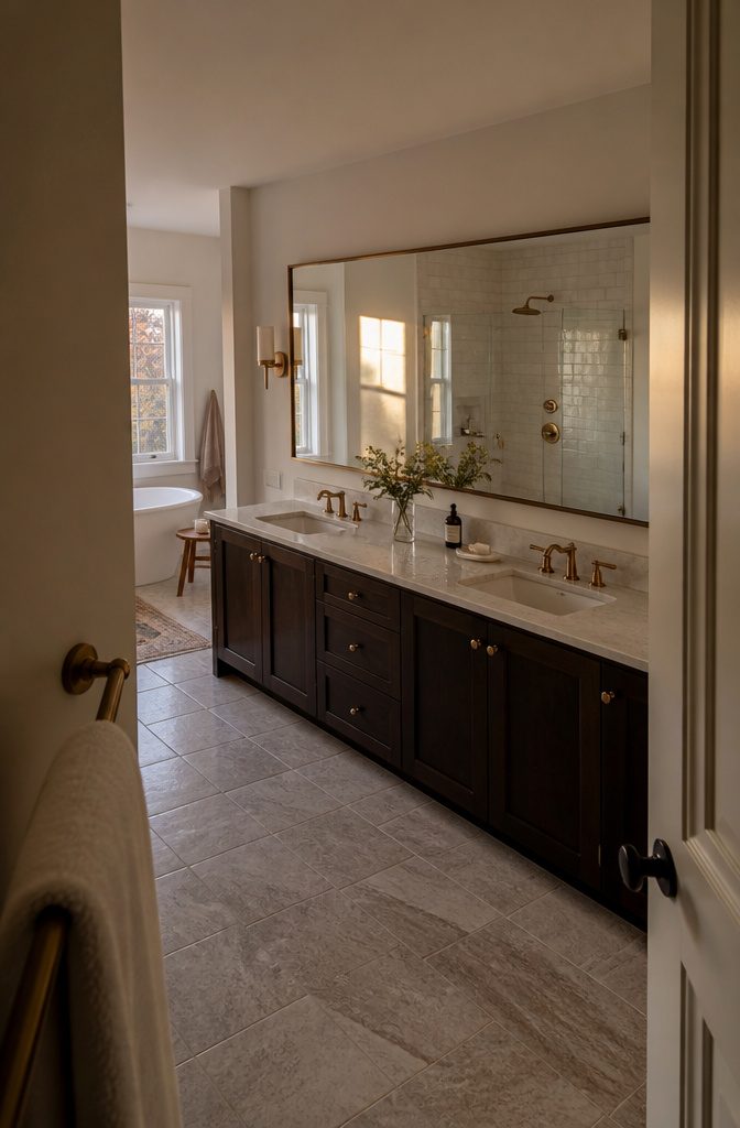Wide mirror spanning a double vanity with two sinks