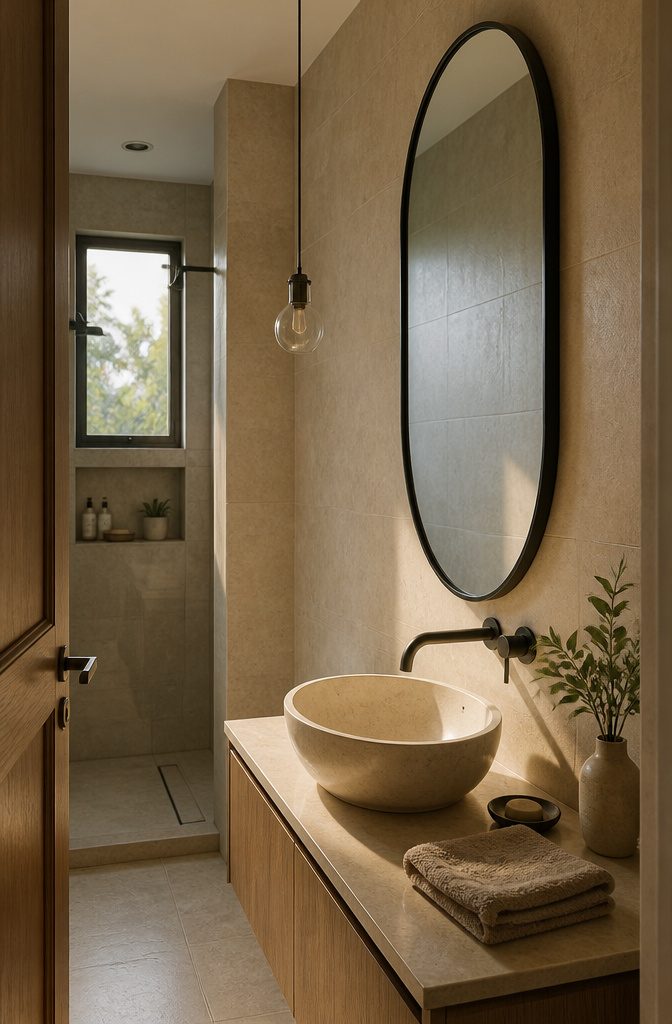 Tall oval mirror above a slim bathroom vanity