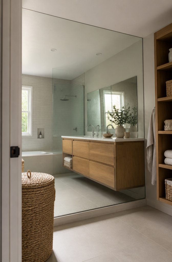 Large frameless mirror covering most of a bathroom wall