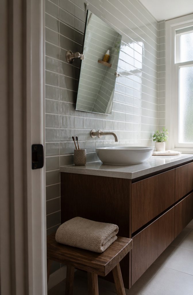 Bathroom mirror on wall-mounted pivot brackets above the sink