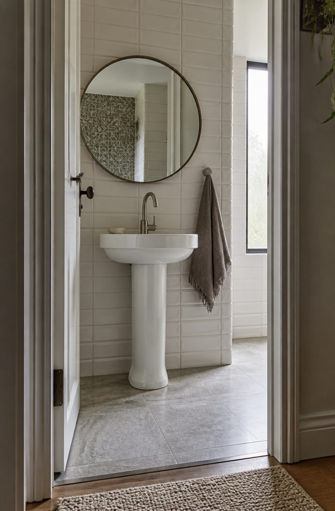 Round bathroom mirror above a sink with square tiled walls