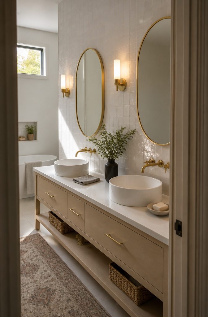 Two oval brass-framed mirrors above round basins with a brass sconce between them