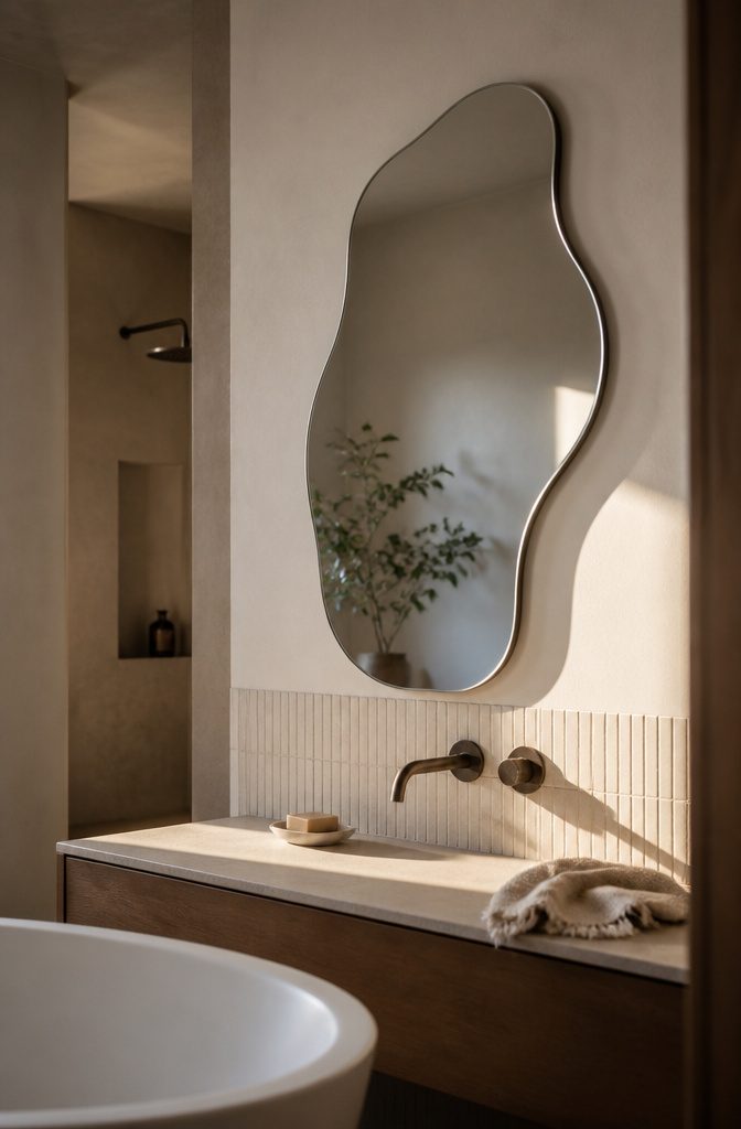 Asymmetrical sculptural bathroom mirror against a plain wall