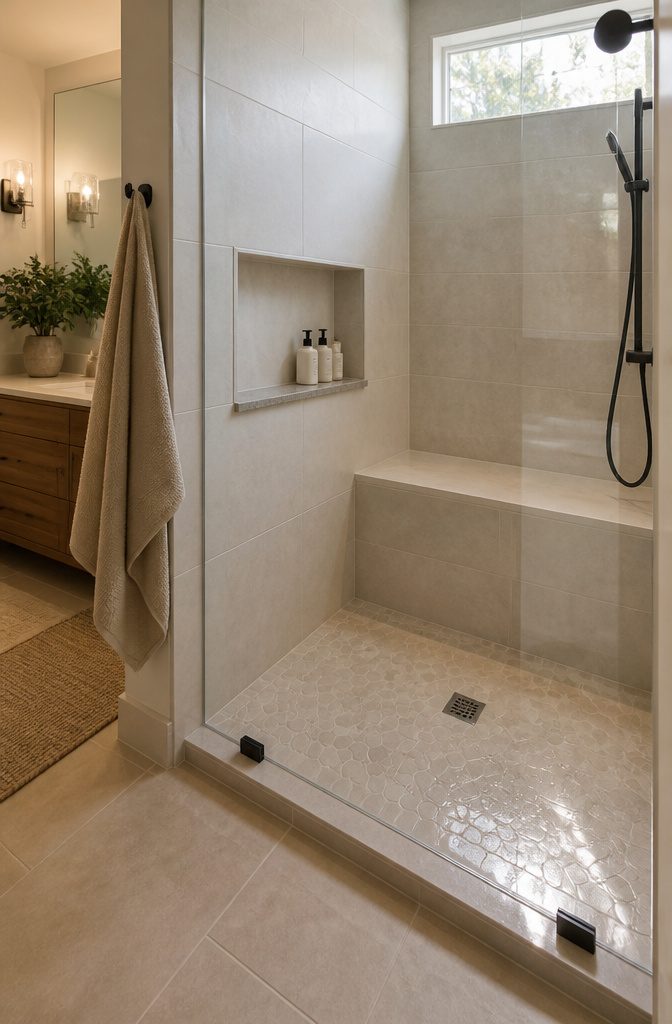 Shower bench and recessed niche with bottles and stone shelf