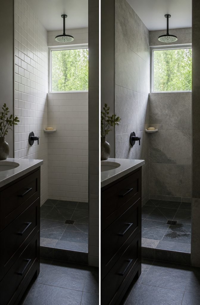 Tiled shower walls with large-format tiles and visible grout lines