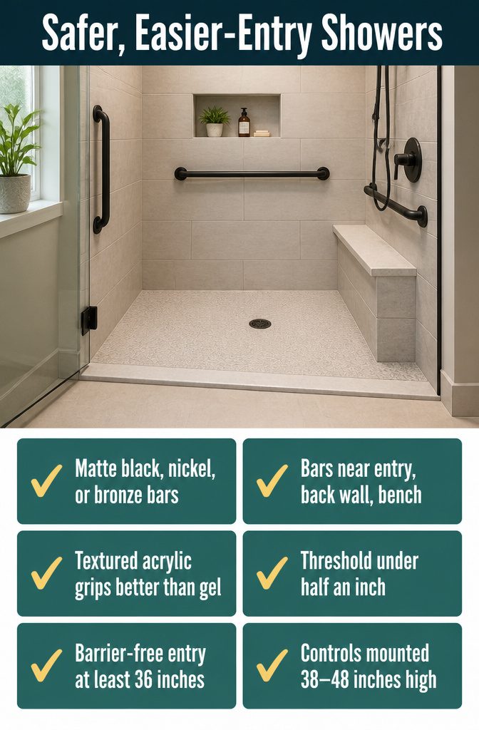 Shower safety graphic with grab bars and low-threshold entry
