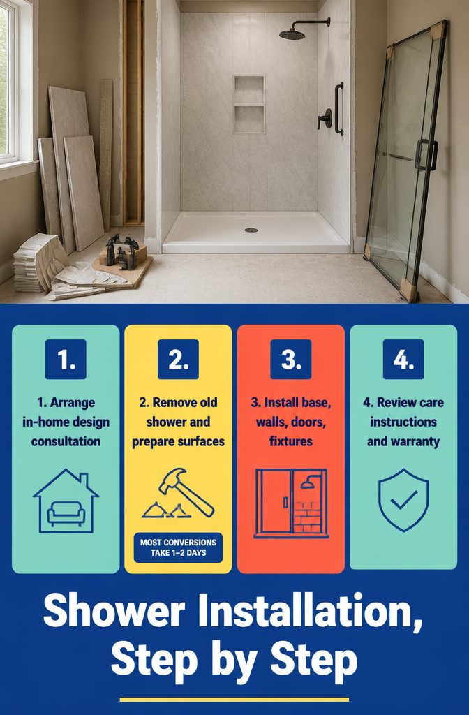 Shower installation graphic showing consultation preparation and fitting