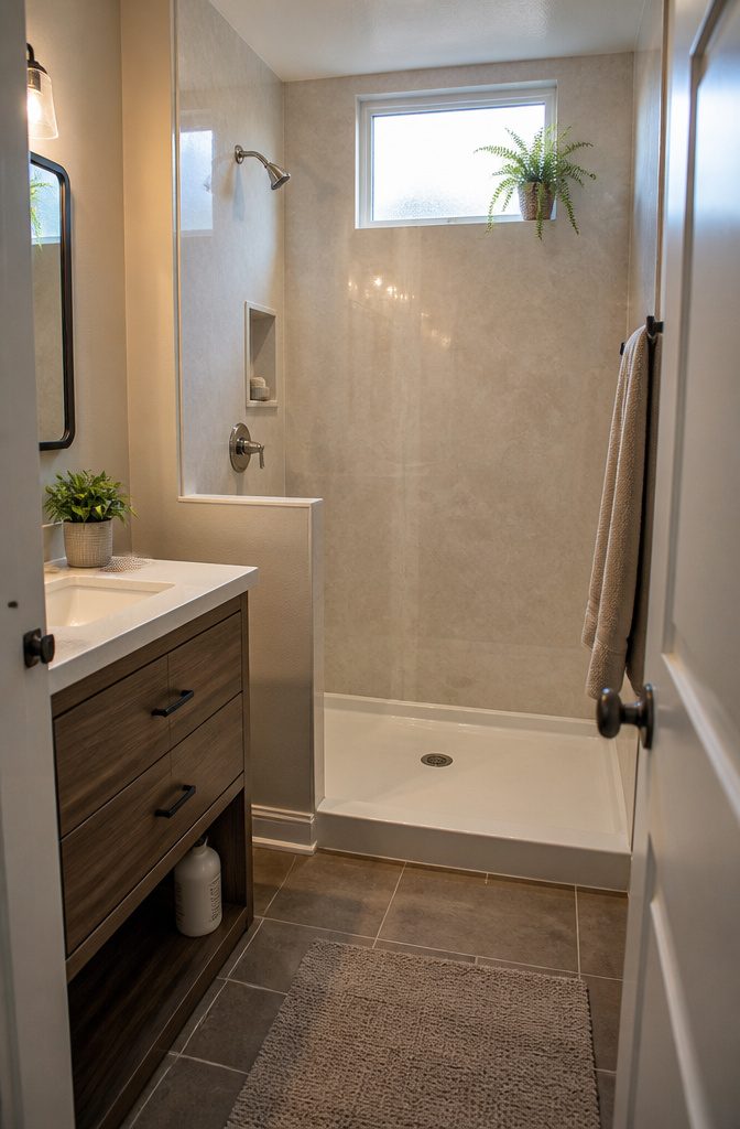 Acrylic shower enclosure with travertine-like panels and recessed shelf