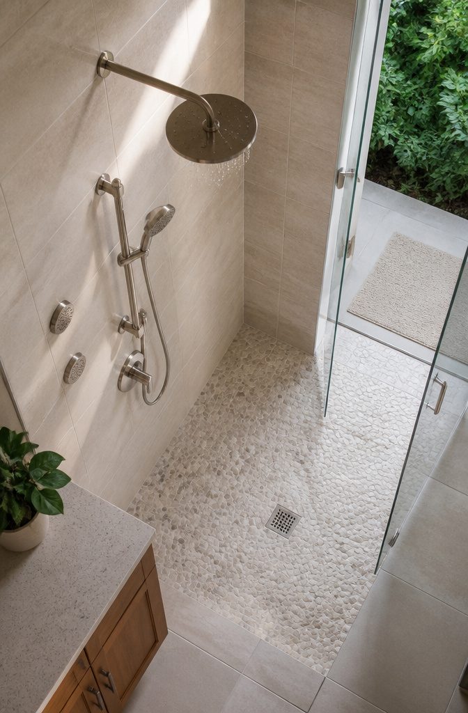Rainfall showerhead above a modern shower space