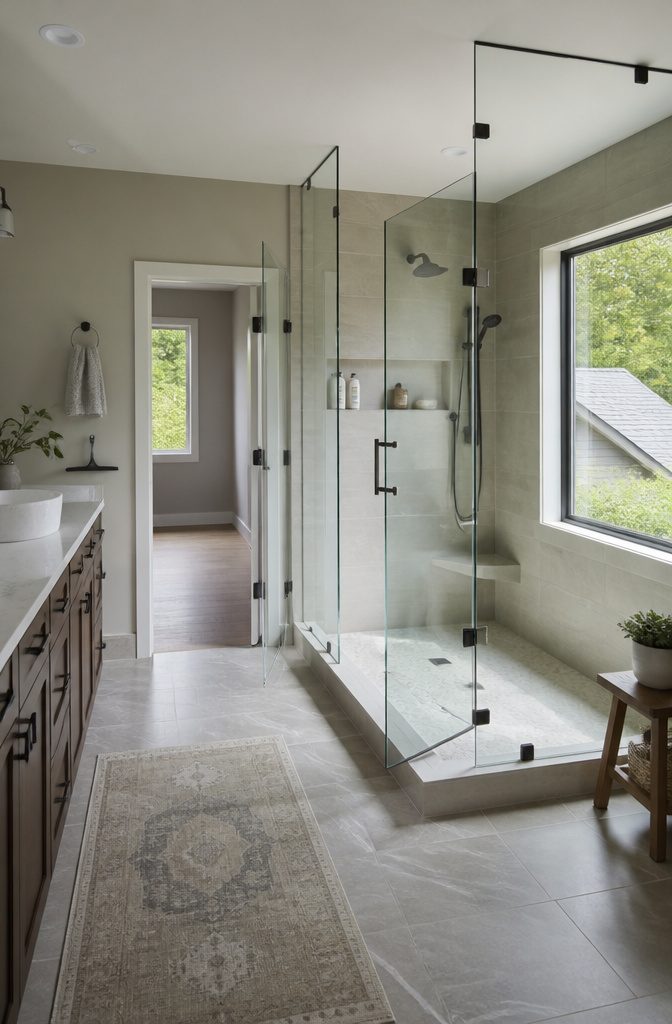 Shower enclosure with clear frameless glass panels