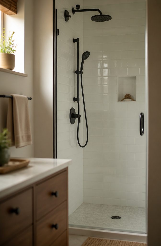 Matte black shower fixtures against pale bathroom tile